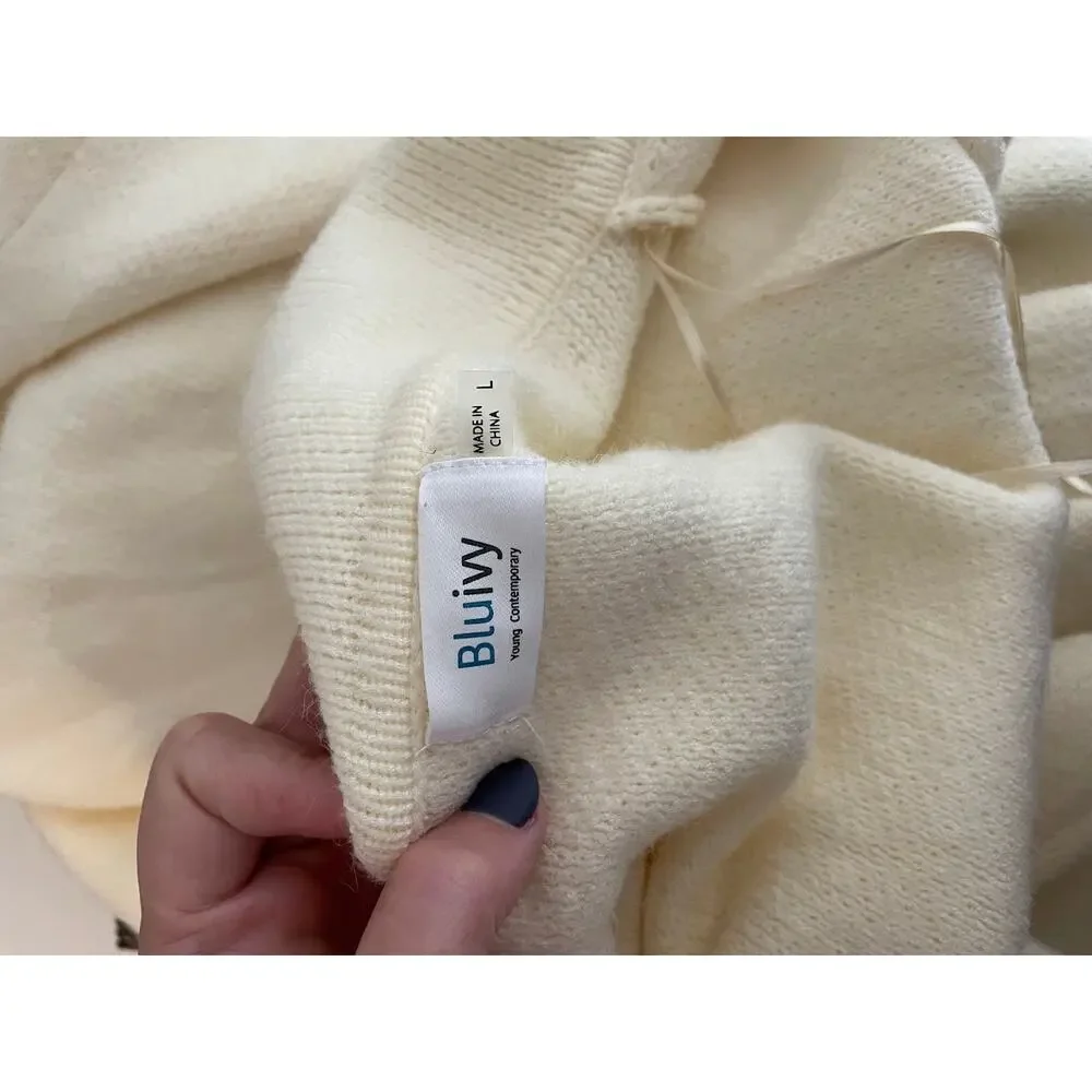 Blueivy BELTED KNIT Ivory CARDIGAN‎ Womens L Cozy Chic Cream Long Open Sweater